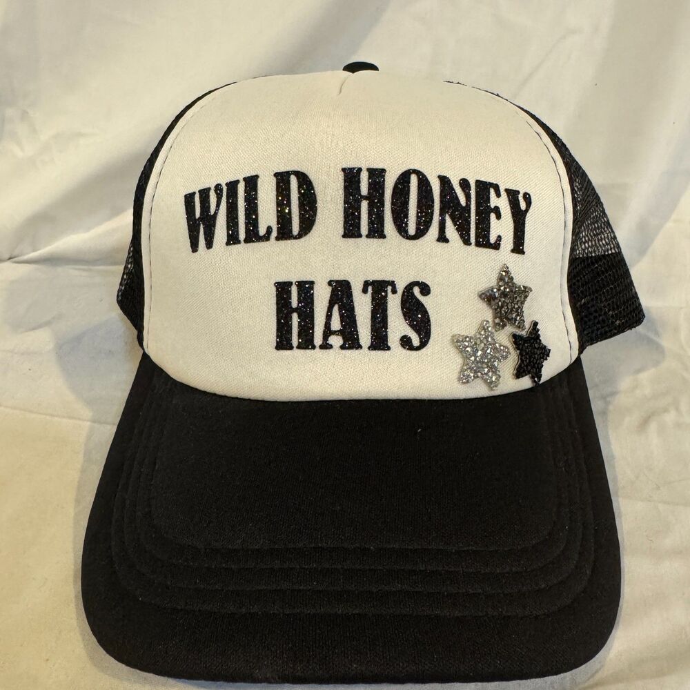 Wild Honey Hats Foam Trucker Hat Black White Snapback Cap Glitter Star Patches